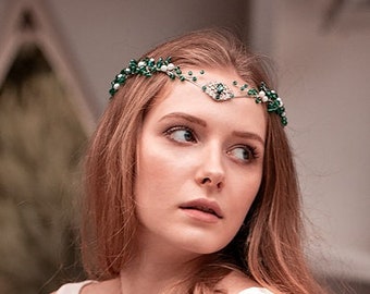 Emerald green crown Fairy elf crown Elven wedding circlet Elven bridal tiara Emerald bridal headpiece