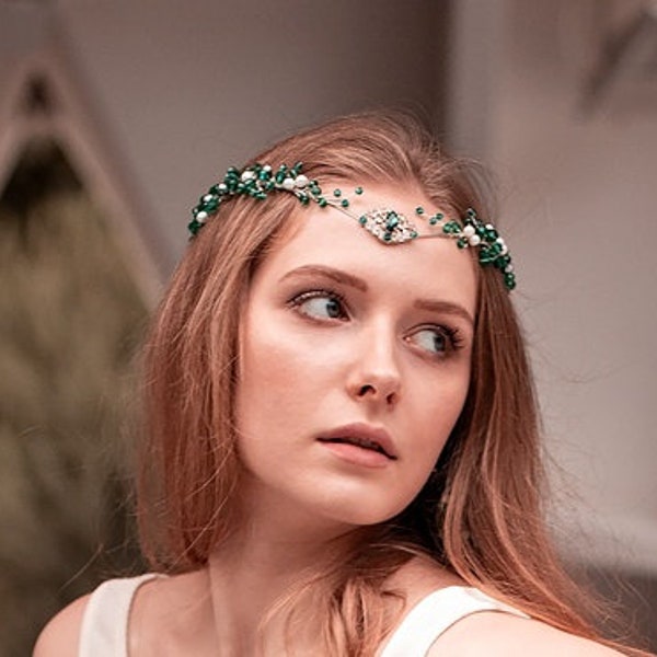 Emerald green crown Fairy elf crown Elven wedding circlet Elven bridal tiara Emerald bridal headpiece