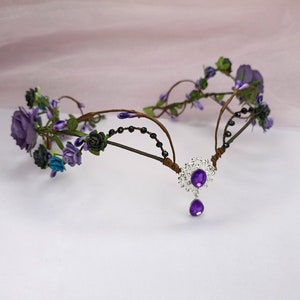 Elven fairy crown Purple and black flower crown Woodland elf tiara Elven wedding headpiece