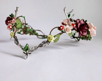 Fairy flower crown with antlers Burgundy and pink elven floral headpiece Woodland elf tiara Elven wedding crown Renaissance fair crown