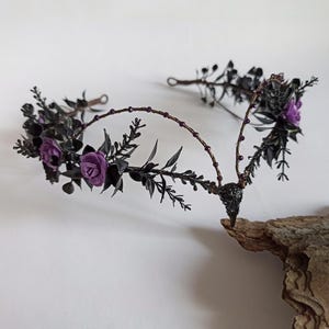 Black purple gothic floral tiara Raven skull crown Elven goth tiara Witch headpiece Vampire crown Goth hair accessories Halloween headpiece