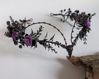 Black purple gothic floral tiara Raven skull crown Elven goth tiara Witch headpiece Vampire crown Goth hair accessories Halloween headpiece