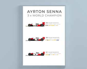 Ayrton Senna 3x World Champion Statistical Infographic Wall Print Poster Art
