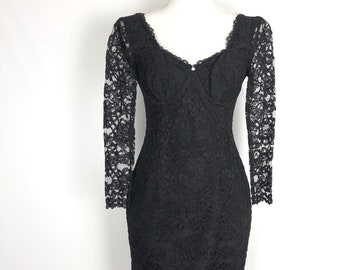 VTG 90s Black Lace Bustier Sheath Pencil Dress Sheer Sleeves Sexy Date Night 2P