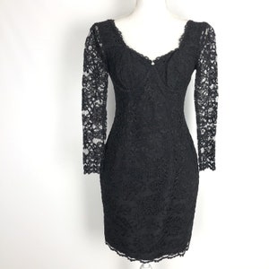 VTG 90s Black Lace Bustier Sheath Pencil Dress Sheer Sleeves Sexy Date Night 2P