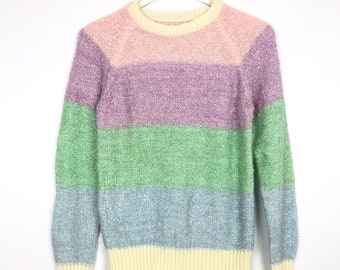 Vintage 80s Pastel Color Block Sweater Crew Neck Raglan Sleeve Pink Purple Small