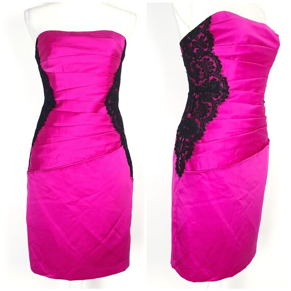 David s Bridal Y2K Hot Pink Satin Strapless Prom Dress Black Lace Pleated Size 2 Etsy Canada