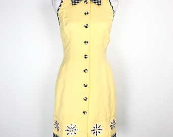 Vintage 90s Plaza South Sleeveless Linen Sheath Dress Gingham Daisies Sundress 4