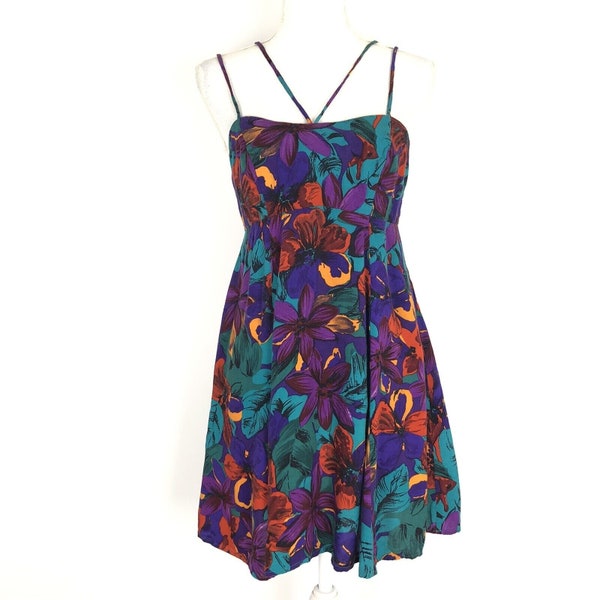 VTG 90s Bold Floral Mini Dress Strappy Rayon Tropical Kidcore Empire Waist Small