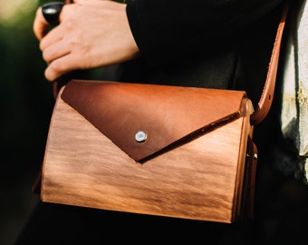 Ethnic leather crossbody bag, small crossbody bag, wooden purse, brown crossbody bag, unique leather wooden bag, wooden bag for woman