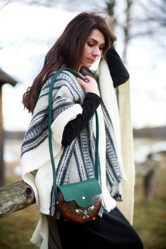 Half Moon Leather Bag, Wood Leather Shoulder Bag, Half Moon