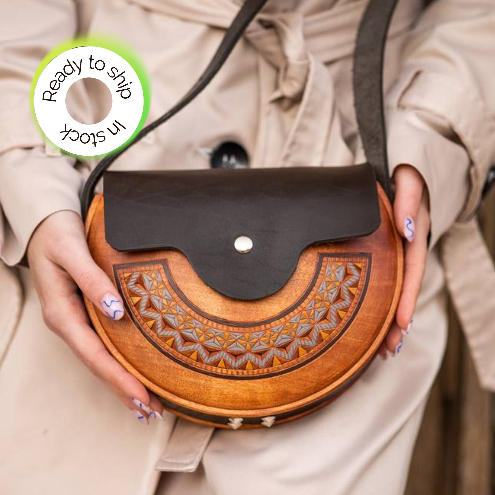 Brown Shoulder Bag, Wood and Leather Bag, Half Moon Bag