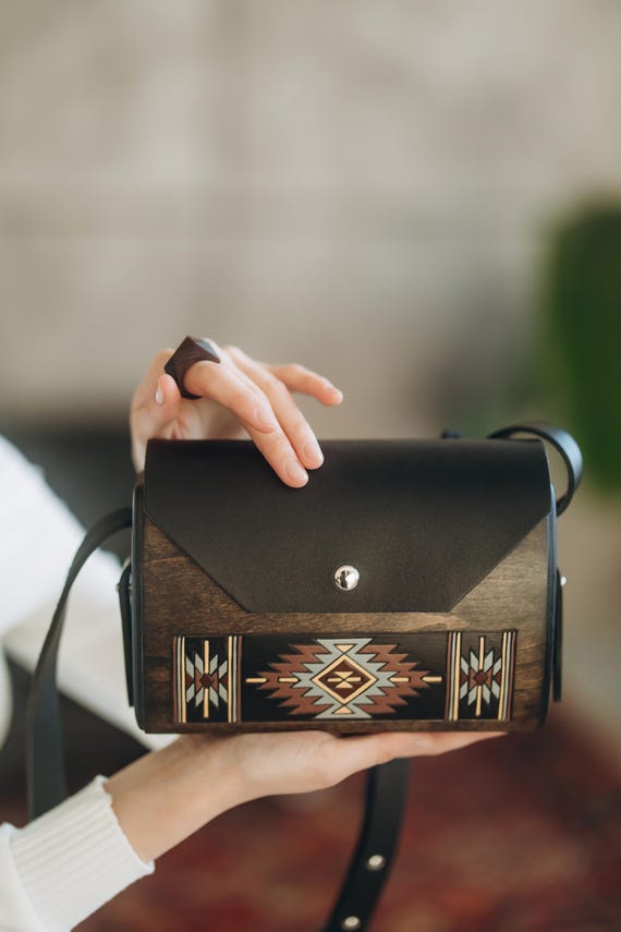 Handcrafted Wood and Leather Crossbody Bag, Southwestern Geometric 