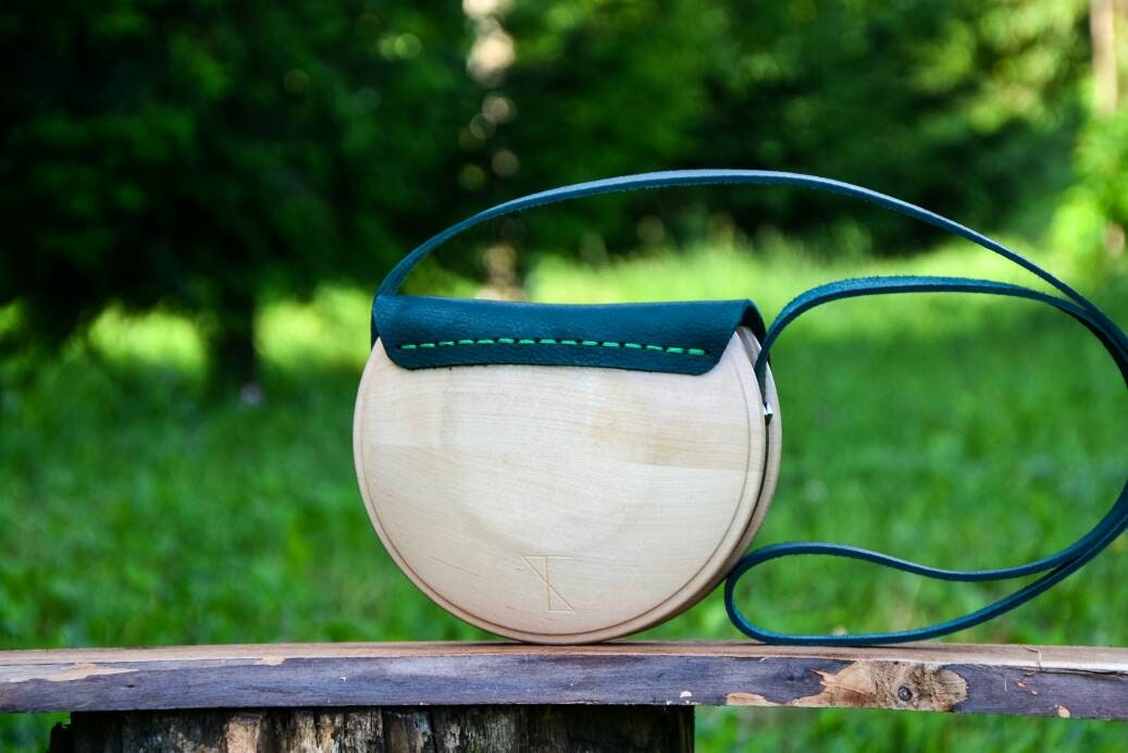 Wooden Crossbody Bag Green Leather Wood Purse Round Shape 