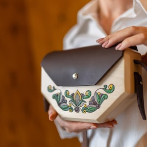 Wooden Handbag with Ukrainian Folk Ornament – Hexagonal Shape Purse – Leather Flap – Unique Handmade Gift for Her