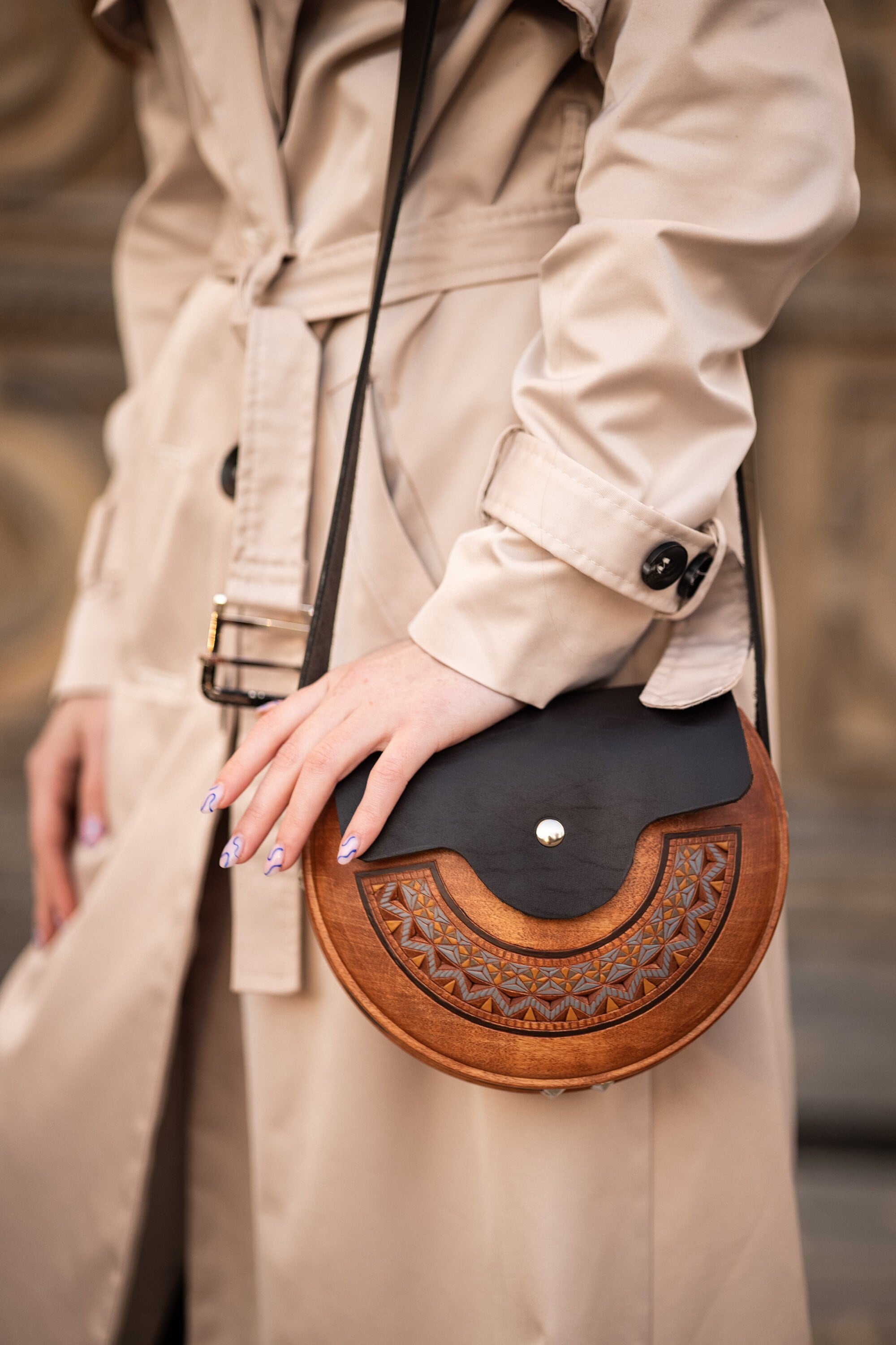 Brown Shoulder Bag, Wood and Leather Bag, Half Moon Bag