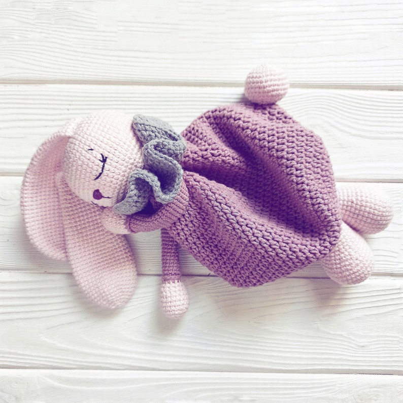 Bunny Lovey Crochet Pattern, Bunny Violet Lovey baby blanket, long rabbit ears, Rabbit comforter gift for newborn baby tutorial PDF file image 4