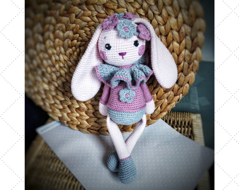 Crochet Bunny Pattern, Cute Bunny Violet, long bunny ears, Rabbit amigurumi Doll, flowers crown, gift for baby girl tutorial PDF file zdjęcie 5
