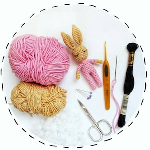 May include: A pink and beige yarn, a crochet hook, a pair of scissors, black embroidery floss, and a crocheted pink bunny with closed eyes.