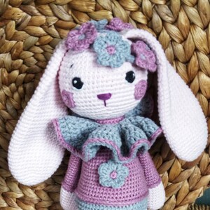 Crochet Bunny Pattern, Cute Bunny Violet, long bunny ears, Rabbit amigurumi Doll, flowers crown, gift for baby girl tutorial PDF file zdjęcie 7
