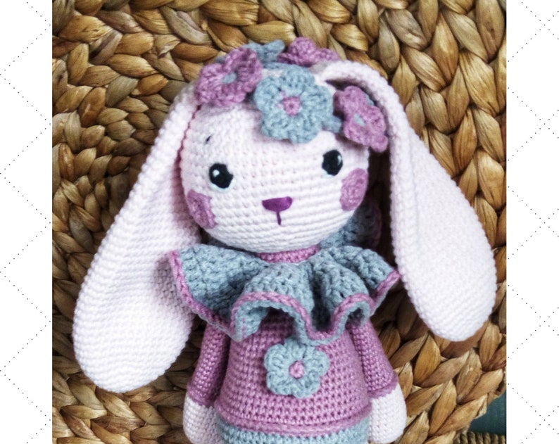 Crochet Bunny Pattern, Cute Bunny Violet, long bunny ears, Rabbit amigurumi Doll, flowers crown, gift for baby girl tutorial PDF file zdjęcie 7