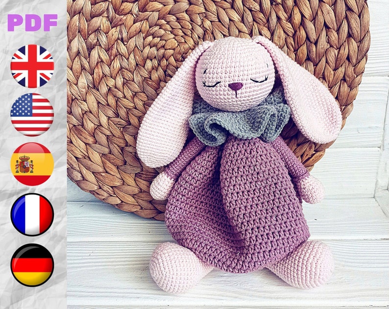 Bunny Lovey Crochet Pattern, Bunny Violet Lovey baby blanket, long rabbit ears, Rabbit comforter gift for newborn baby tutorial PDF file image 6