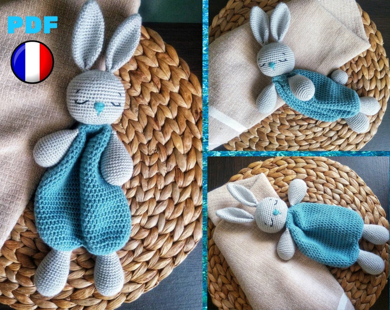 Doudou Lapin au crochet patron FRA/FR, Modéle de crochet Couverture bébé Doudou plat, Bunny Lovey Crochet Pattern tutorial PDF file image 1