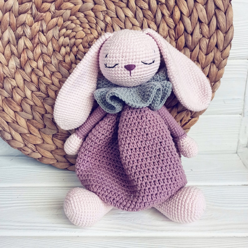 Bunny Lovey Crochet Pattern, Bunny Violet Lovey baby blanket, long rabbit ears, Rabbit comforter gift for newborn baby tutorial PDF file image 3