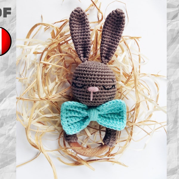 Hochet Lapin Garçon Endormi au Crochet, Modèle créé en Français, Anneau de dentition Lapin Garçon, DIY fichier PDF tutoriel