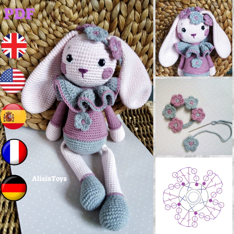 Crochet Bunny Pattern, Cute Bunny Violet, long bunny ears, Rabbit amigurumi Doll, flowers crown, gift for baby girl tutorial PDF file zdjęcie 2