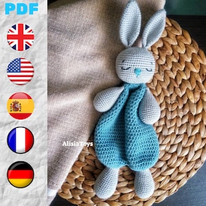 Schema coniglietto all'uncinetto Lovey EN & ES, bambola amigurumi a forma di coniglietto, giocattolo di sicurezza e comfort, regalo per neonati (file PDF tutorial)