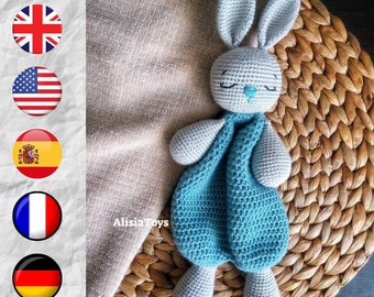 Crochet Bunny Lovey Pattern EN & ES, Cute Bunny Rabbit amigurumi Doll, Security Comfort Blanket Toy, gift for newborn (tutorial PDF file)