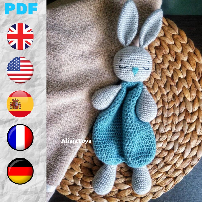 Crochet Bunny Lovey Pattern EN & ES, Cute Bunny Rabbit amigurumi Doll, Security Comfort Blanket Toy, gift for newborn tutorial PDF file image 1