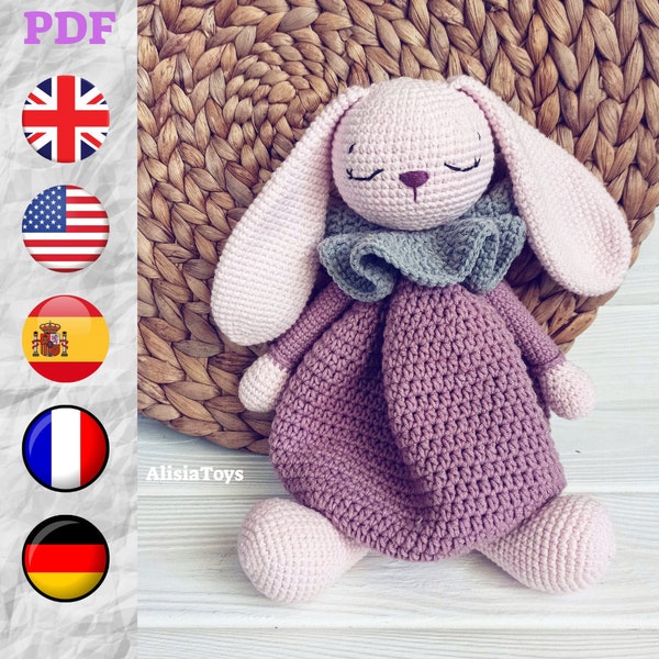 Bunny Lovey Crochet Pattern, Bunny Violet Lovey baby blanket, long rabbit ears, Rabbit comforter gift for newborn baby (tutorial PDF file)