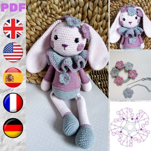 Crochet Bunny Pattern, Cute Bunny Violet, long bunny ears, Rabbit amigurumi Doll, flowers crown, gift for baby girl tutorial PDF file zdjęcie 1