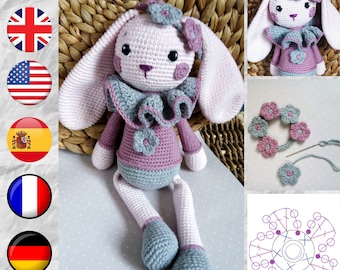 Crochet Bunny Pattern, Cute Bunny Violet, long bunny ears, Rabbit amigurumi Doll, flowers crown, gift for baby girl (tutorial PDF file)