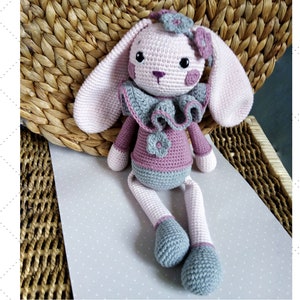 Crochet Bunny Pattern, Cute Bunny Violet, long bunny ears, Rabbit amigurumi Doll, flowers crown, gift for baby girl tutorial PDF file zdjęcie 4