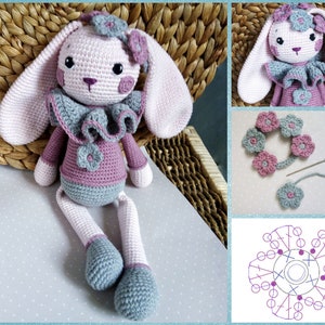 Crochet Bunny Pattern, Cute Bunny Violet, long bunny ears, Rabbit amigurumi Doll, flowers crown, gift for baby girl tutorial PDF file zdjęcie 3