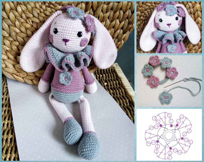 Crochet Bunny Pattern, Cute Bunny Violet, long bunny ears, Rabbit amigurumi Doll, flowers crown, gift for baby girl tutorial PDF file zdjęcie 3