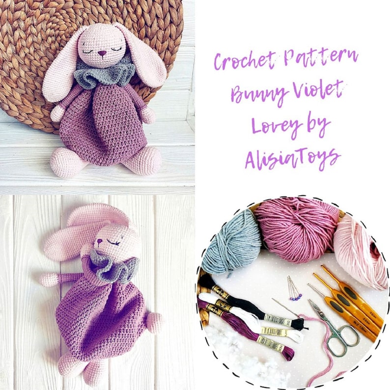 Bunny Lovey Crochet Pattern, Bunny Violet Lovey baby blanket, long rabbit ears, Rabbit comforter gift for newborn baby tutorial PDF file image 5