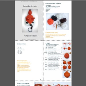 May include: Crochet pattern instructions for a fox key cover. The pattern includes a color chart, abbreviations, and detailed instructions with images. The pattern is titled "Crochet Fox Key Cover" and is by ZCROWN.