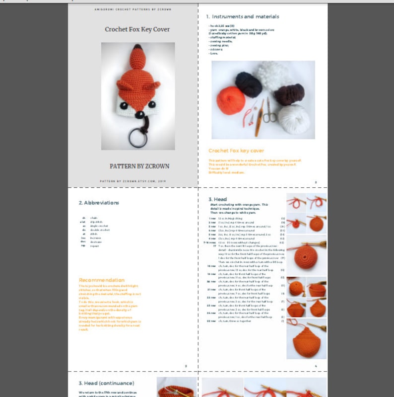 May include: Crochet pattern instructions for a fox key cover. The pattern includes a color chart, abbreviations, and detailed instructions with images. The pattern is titled "Crochet Fox Key Cover" and is by ZCROWN.