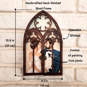 May include: Handcrafted wooden frame with a custom oil painting of a couple inside. The frame is shaped like an arched window with intricate details and has a small, openable window. The painting is 10.6 inches tall and 6.3 inches wide.