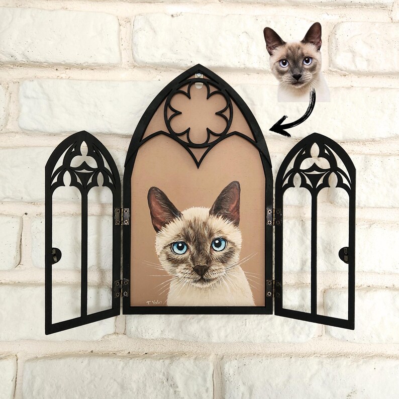 Custom Cat Portrait: Hand-Painted Acrylic, Gothic Cathedral Frame