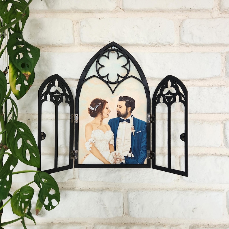 Hand-Painted Gothic Couple Portrait: Custom Oil Painting with Cathedral Frame