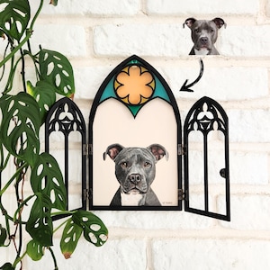May include: A framed portrait of a gray and white dog, displayed in a black gothic-style window frame. The frame has an open side and a decorative top with teal and yellow accents. A separate image of the dog is above the frame.
