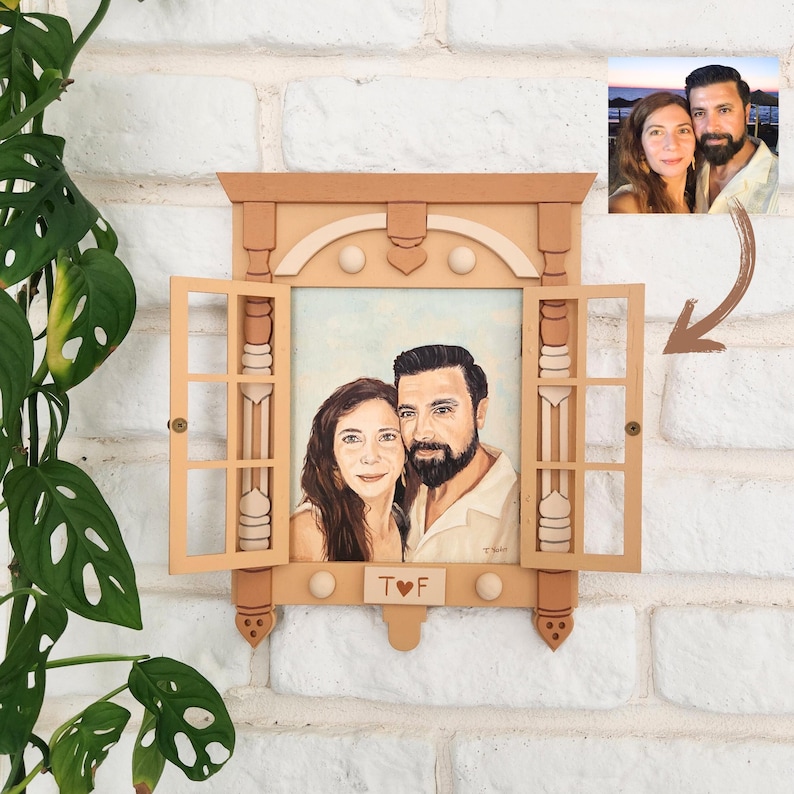Custom Oil Painting Couple Portrait on Wood: Handmade Boho Framed Art