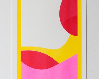 Abstracte risoprint A3 met fluorescerend neonroze