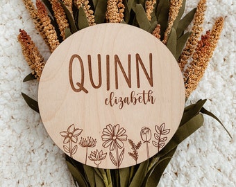 Baby girl name announcement sign, baby girl name sign, birth announcement sign, engraved baby name sign, floral baby sign, baby shower gift