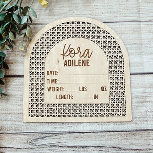 Newborn Birth Stats Sign, newborn birth announcement sign, hospital name sign, boho rattan name sign, engraved baby name sign, birth stats